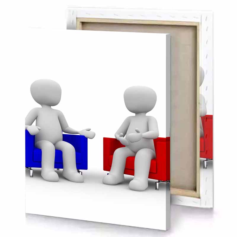 two people sitting on chairs talking medium blue canvas