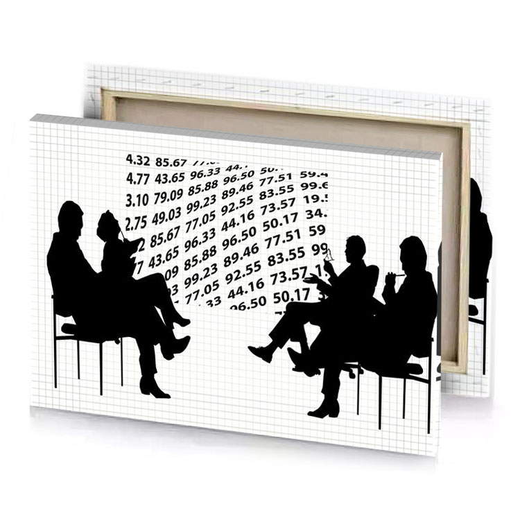 two people sitting on chairs with numbers them white smoke canvas