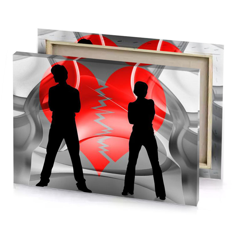 two people standing in front of a broken heart lust canvas