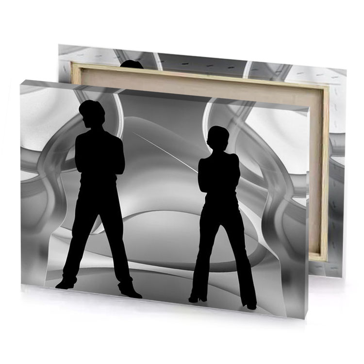 two people standing in front of a large glass object black canvas