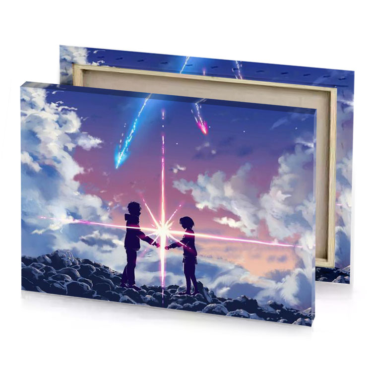 two people standing on a mountain looking at star mountbatten pink canvas