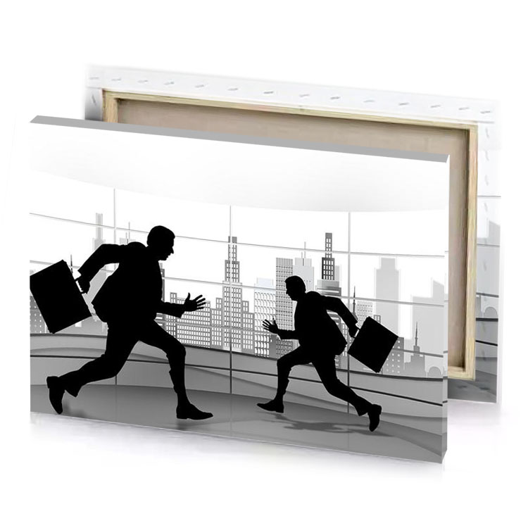 two people walking in an office with cityscapes black canvas