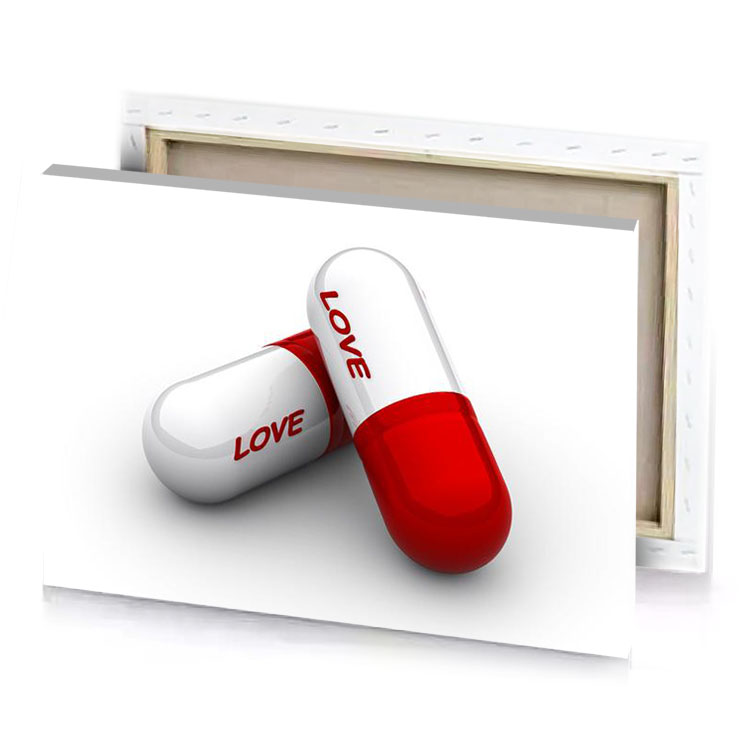 two pills with the word love on them firebrick canvas