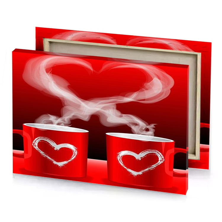 two red coffee mugs with heart shaped smoke rosy brown canvas