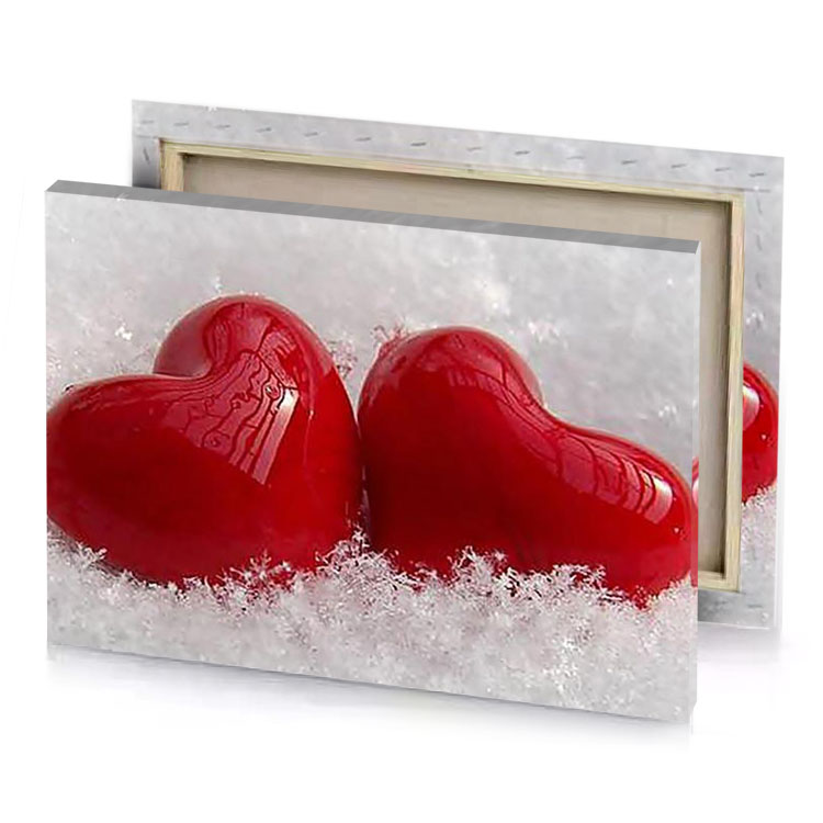 two red hearts in the snow maroon canvas