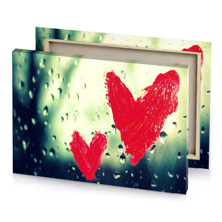 two red hearts on a rainy day crimson canvas