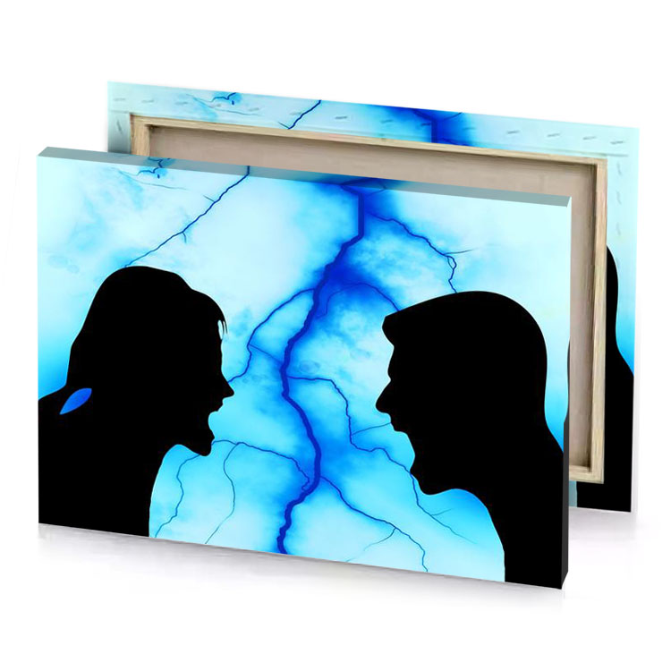 two silhouettes of a man and woman facing each other blue jeans canvas