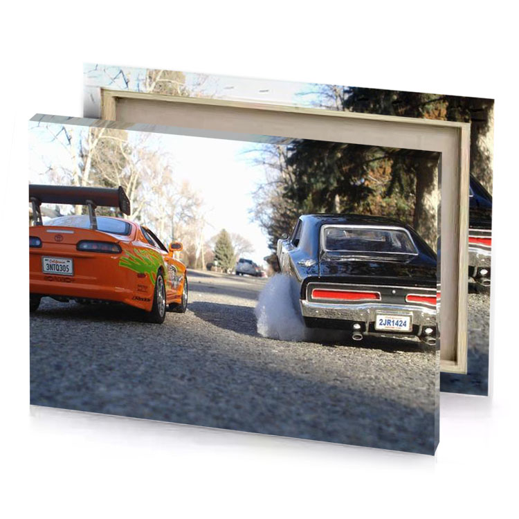 two toy cars are parked on the road saddle brown canvas