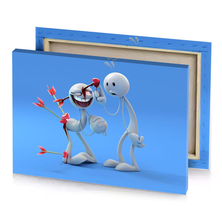 two white cartoon characters with red flowers moonstone blue canvas