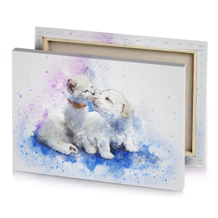 two white dogs laying on a blue and pink background silver canvas