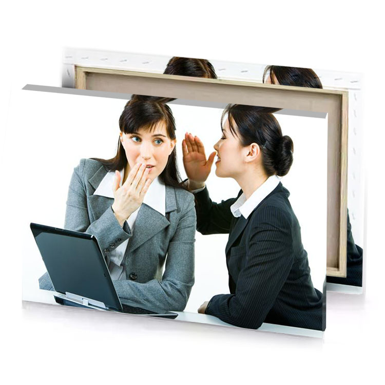 two women in business attire are looking at a laptop ghost white canvas