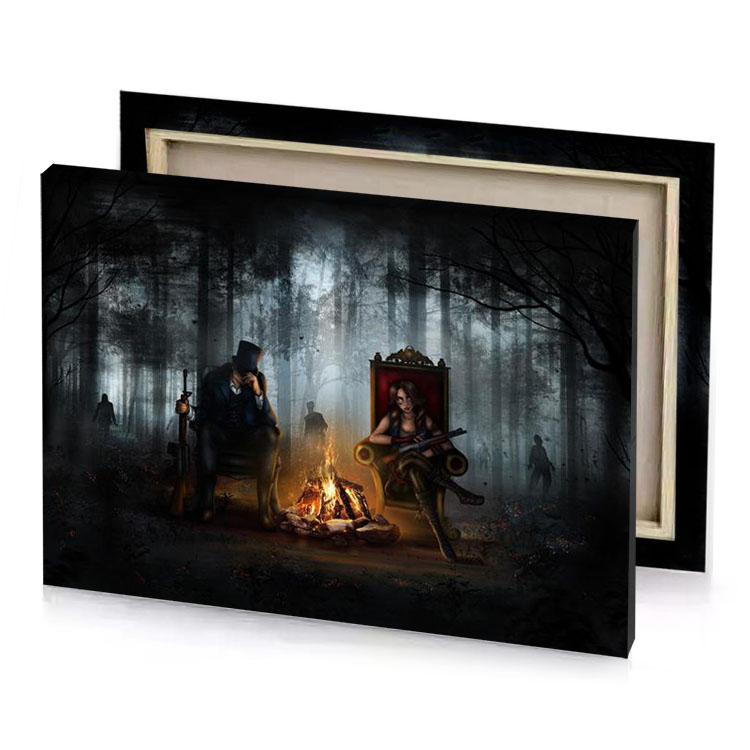 two women sitting around a fire in the woods saddle brown canvas