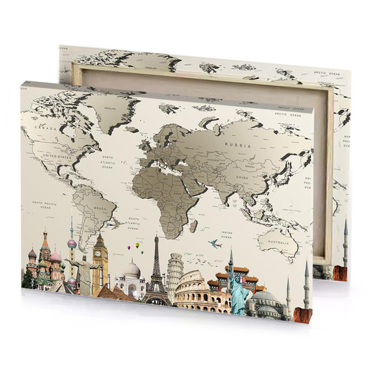 world map with famous places canvas